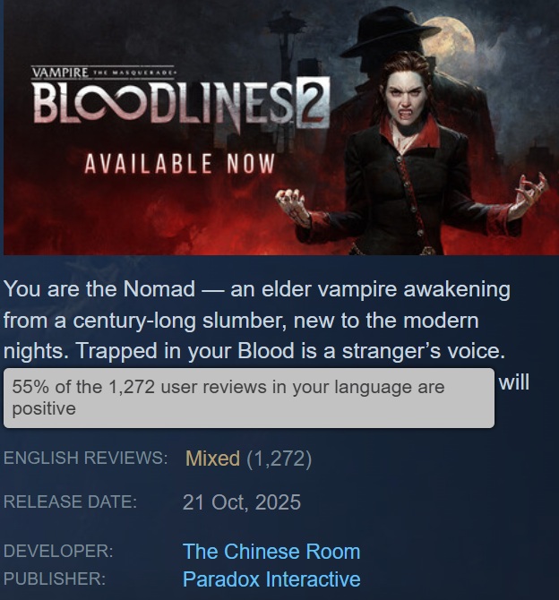 Game cover Vampire: The Masquerade — Bloodlines 2