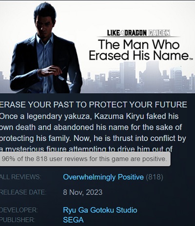 Steam-brukere er begeistret for krimspillet Like a Dragon Gaiden: The Man Who Erased His Name og gir kun positive anmeldelser av spillet.-3