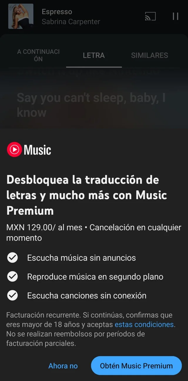 Кнопка перевода текстов песен в YouTube Music