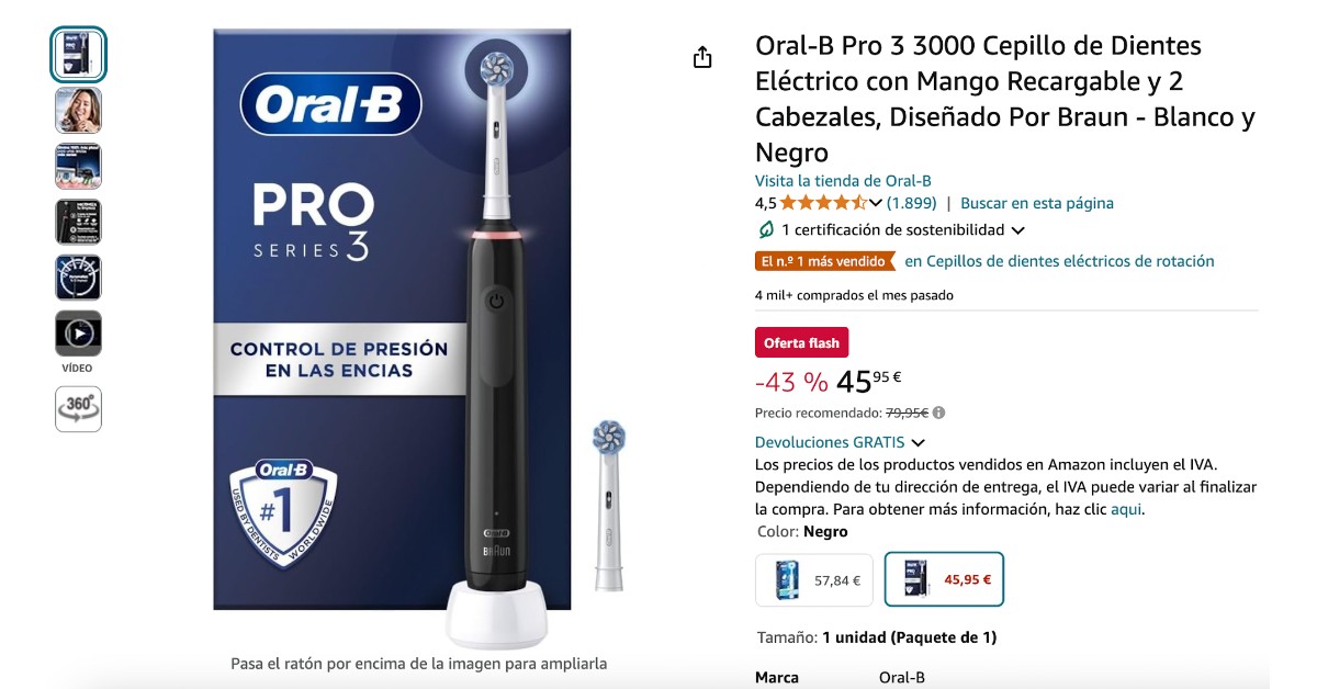 Cepillo de dientes eléctrico Oral-B Pro 3 3000 - ahora 34 € de descuento.