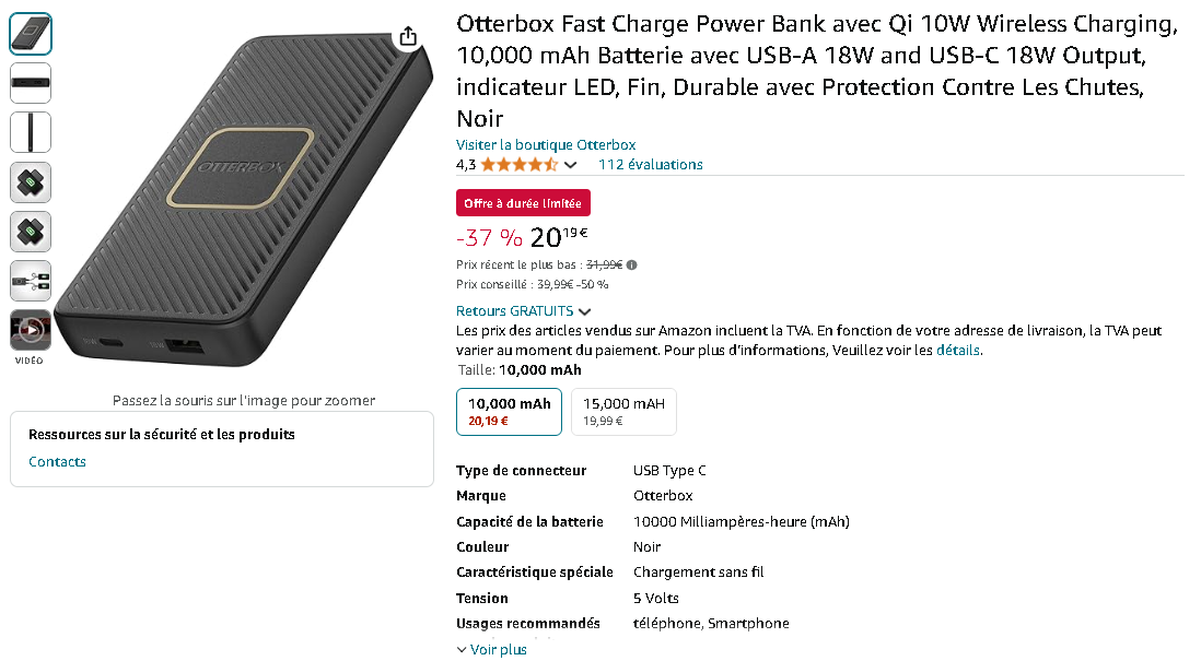 Capture d'écran de la page des Otterbox Fast Charge