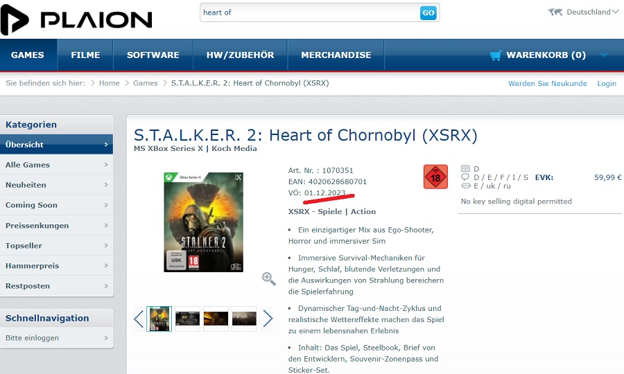 Utgivelsen av S.T.A.L.K.E.R. 2: Heart of Chornobyl kan finne sted 1. desember: en av nettbutikkene på skytespillets side har lagt merke til denne datoen...-2