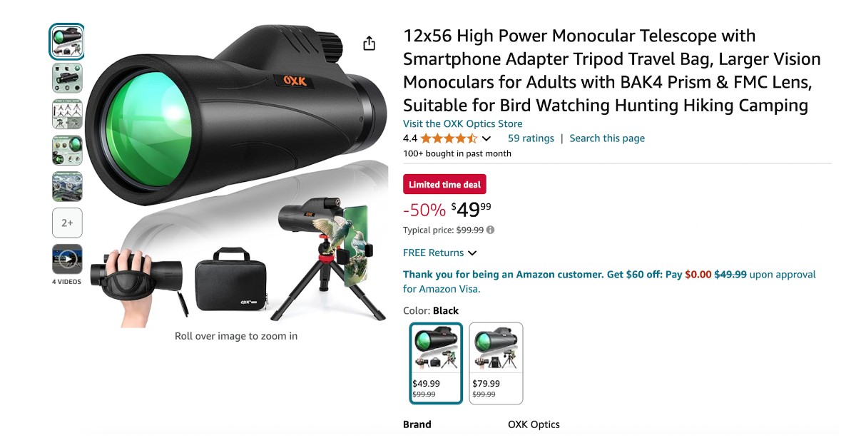 OXK Optics 12x56 High Power Monocular Telescope - $50 Off! Don't miss it!