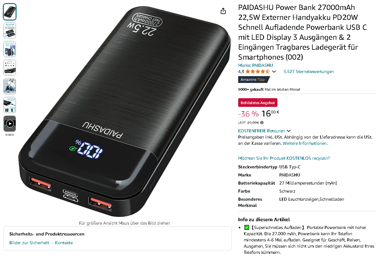 Screenshot der PAIDASHU Power Bank. Quelle: Amazon