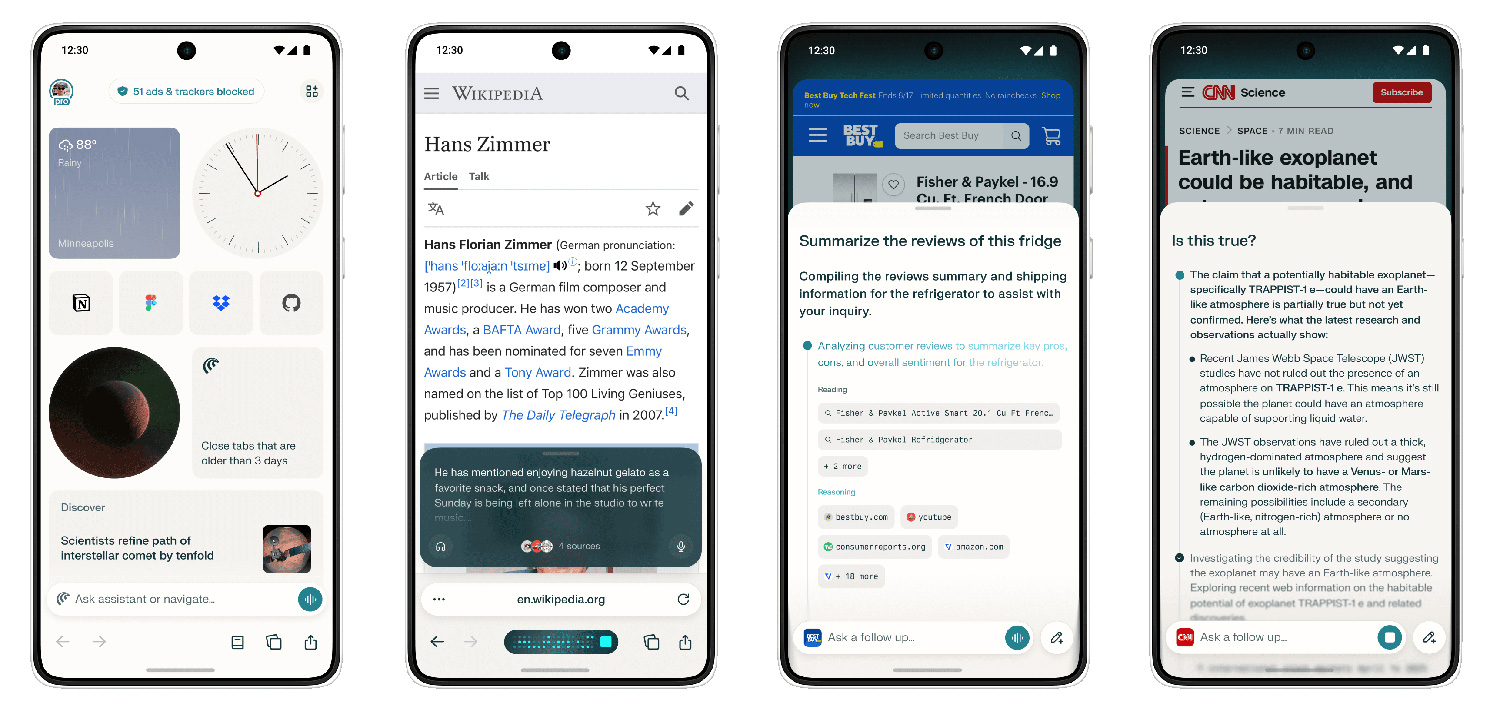Capture d'écran de l'interface de Comet, navigateur IA pour Android