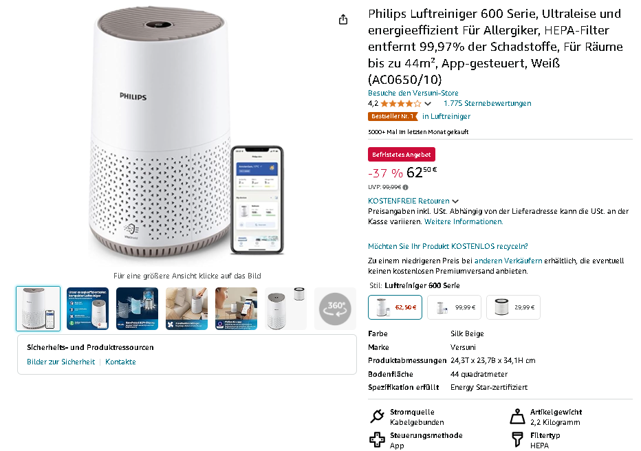 Screenshot der Philips 600 Luftreiniger