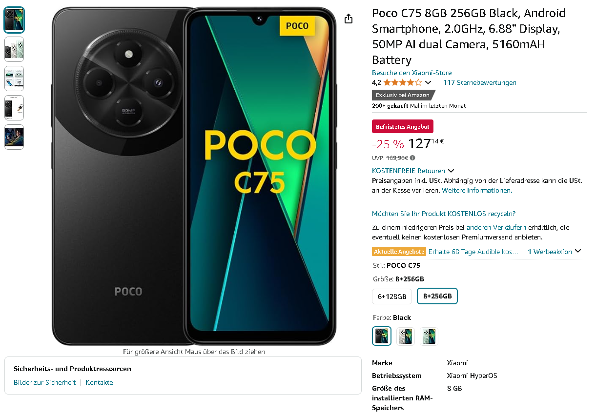 Screenshot der POCO C75 Smartphone Anzeige auf Amazon