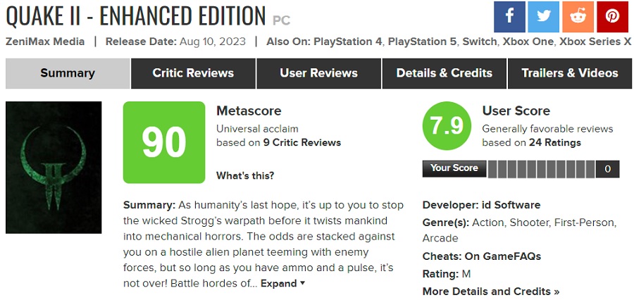 I giocatori e la critica sono entusiasti della rimasterizzazione di Quake 2. Il gioco aggiornato sta ricevendo il massimo dei voti su tutte le piattaforme.-2