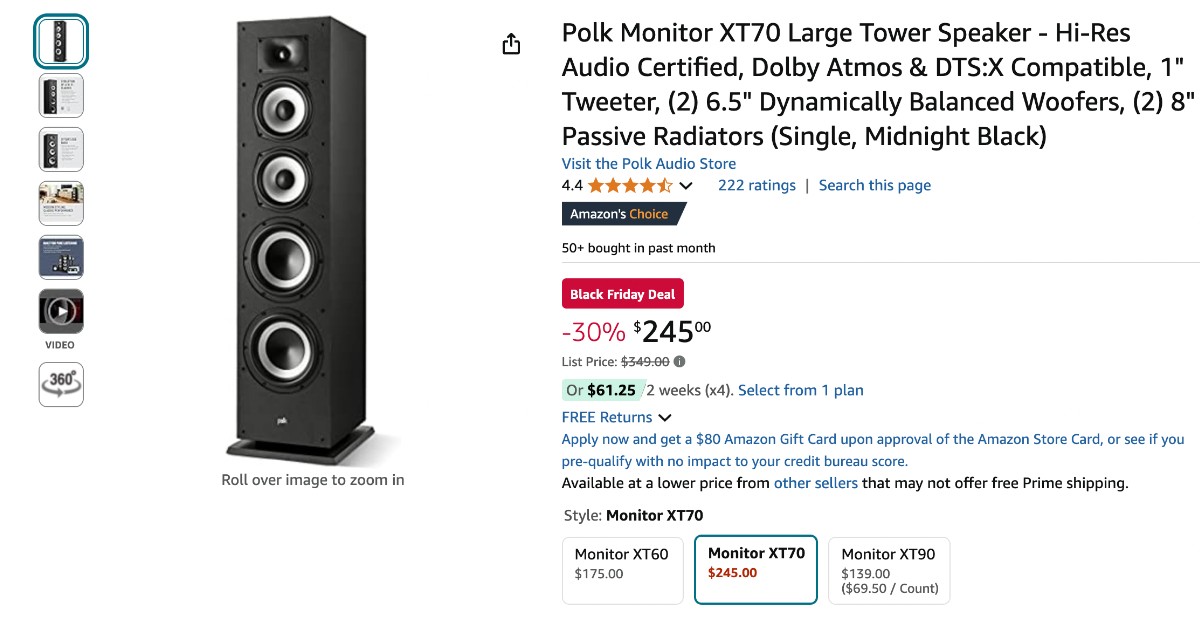 Polk Monitor XT70 Large Tower Speaker $103 Discount! Black Friday Deal!