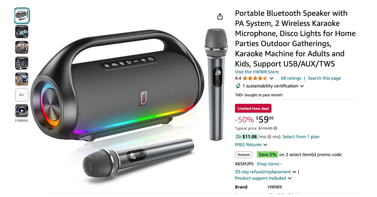 Portable Bluetooth Karaoke Speaker HWWR with 2 Wireless Microphones - $60 OFF NOW!