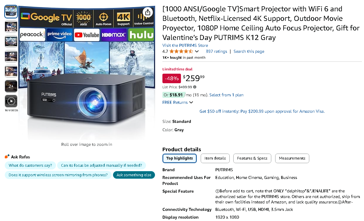 PUTRIMS K12 Smart Projector on Amazon