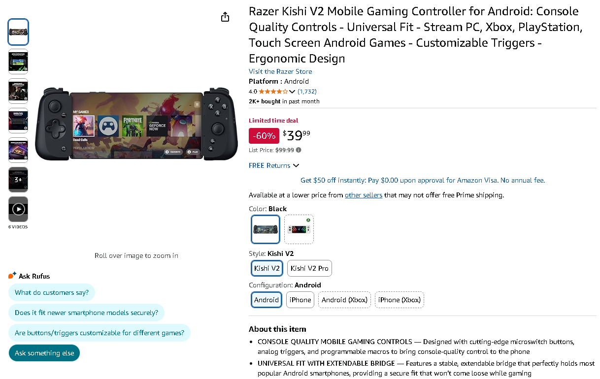 Screenshot of the Razer Kishi V2 gaming controller