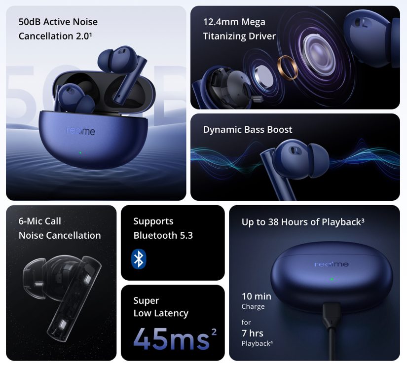 realme Buds Air 5: 12.4mm drivers, ANC, IPX7 protection and up to 38 hours  of battery life for $39.