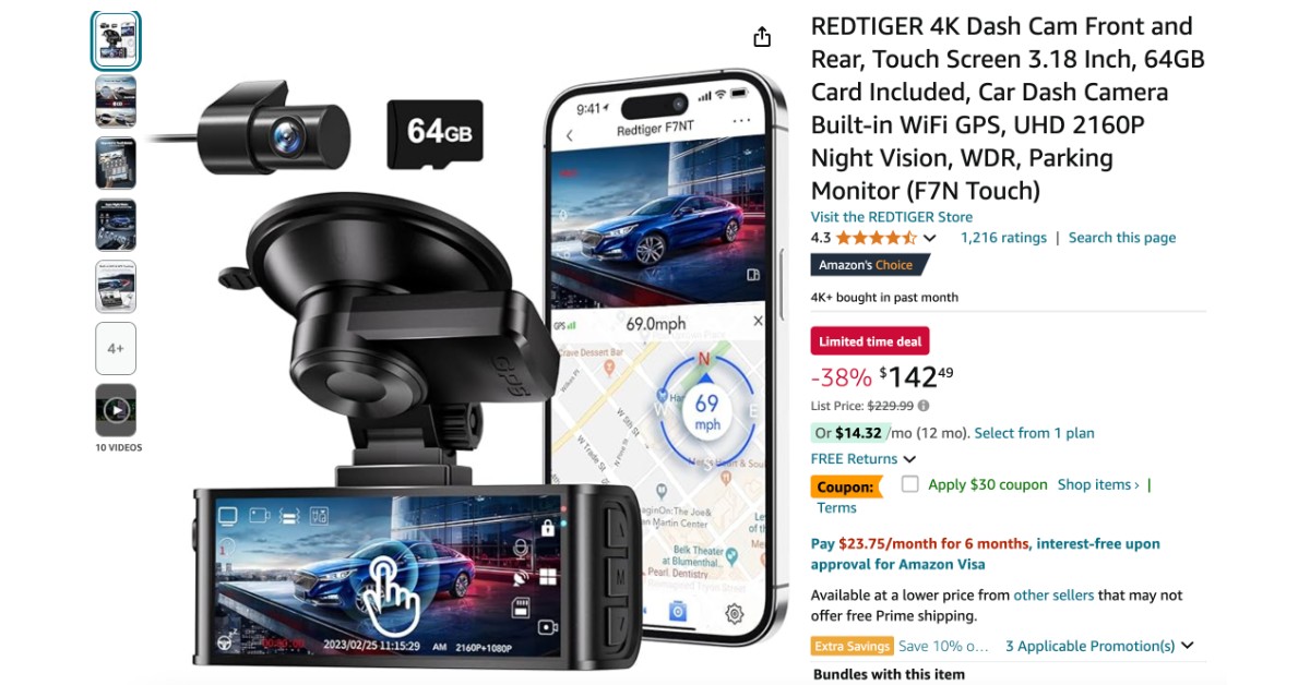 REDTIGER 4K Dash Cam Front and Rear - Today $87 Discount!