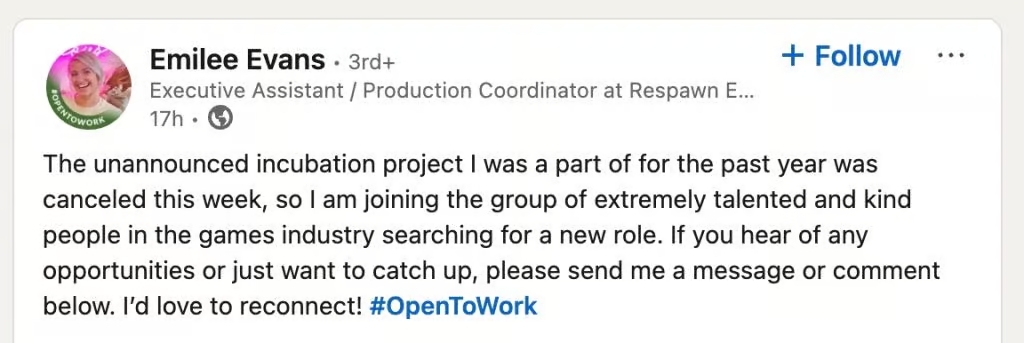 Скриншот дописа продюсерки на LinkedIn