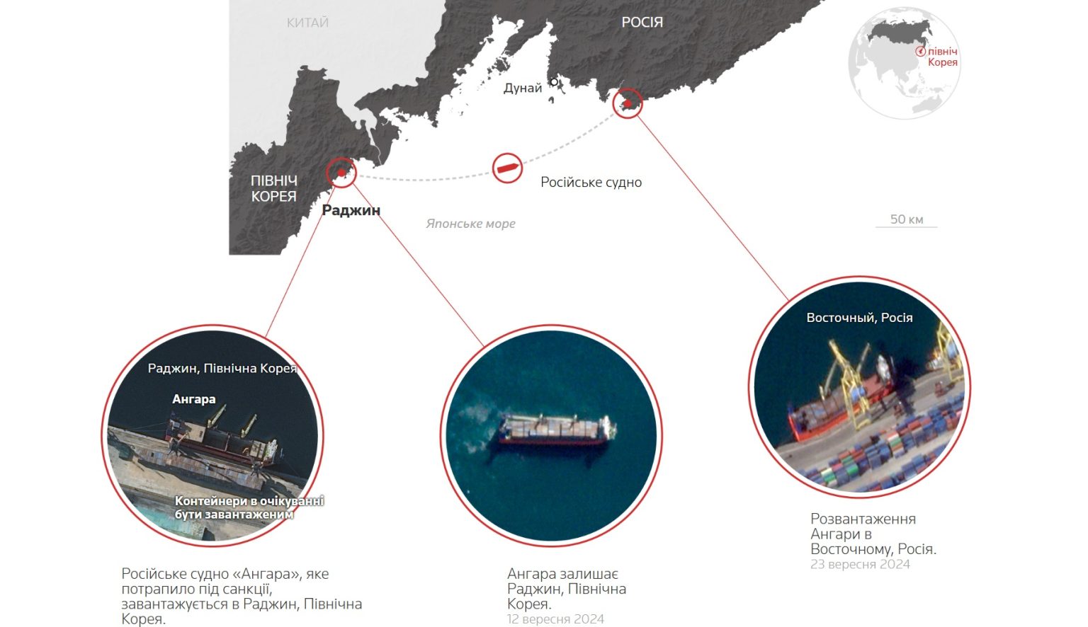 Транспортування боєприпасів з північнокорейського порту Раджин до східних російських портів Дунай і Східний. Ілюстрація: Reuters