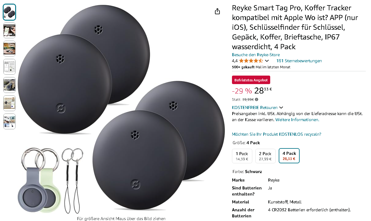 Screenshot des Reyke Smart Tag Pro auf Amazon