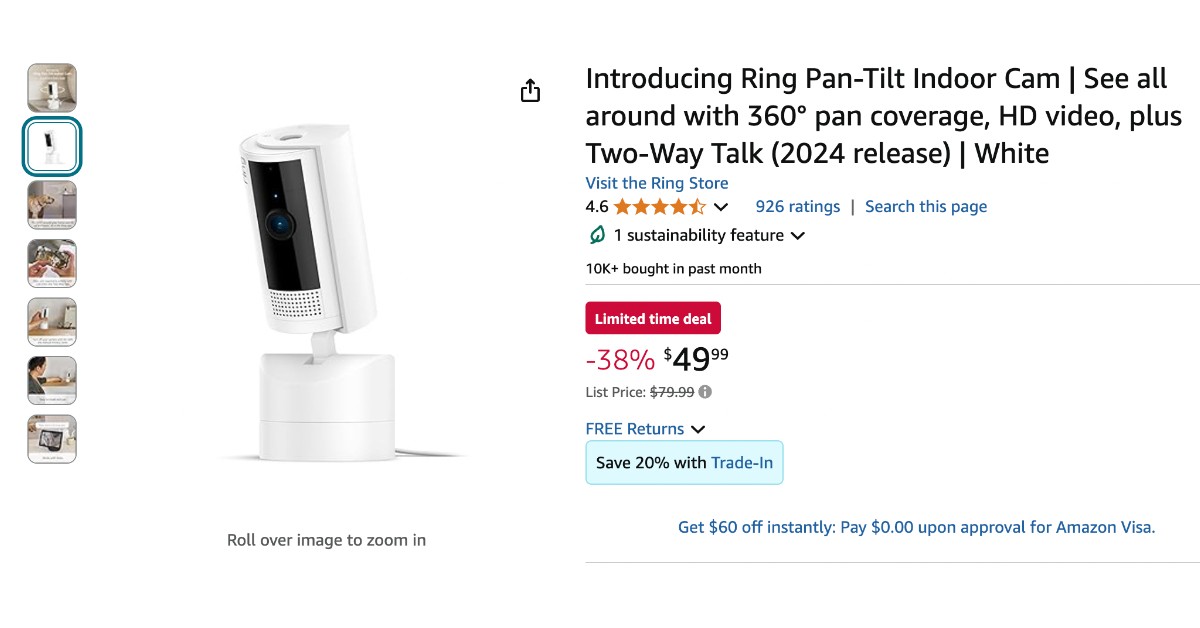 Ring Pan-Tilt Indoor Cam with 360° pan coverage - Now $30 Discount!