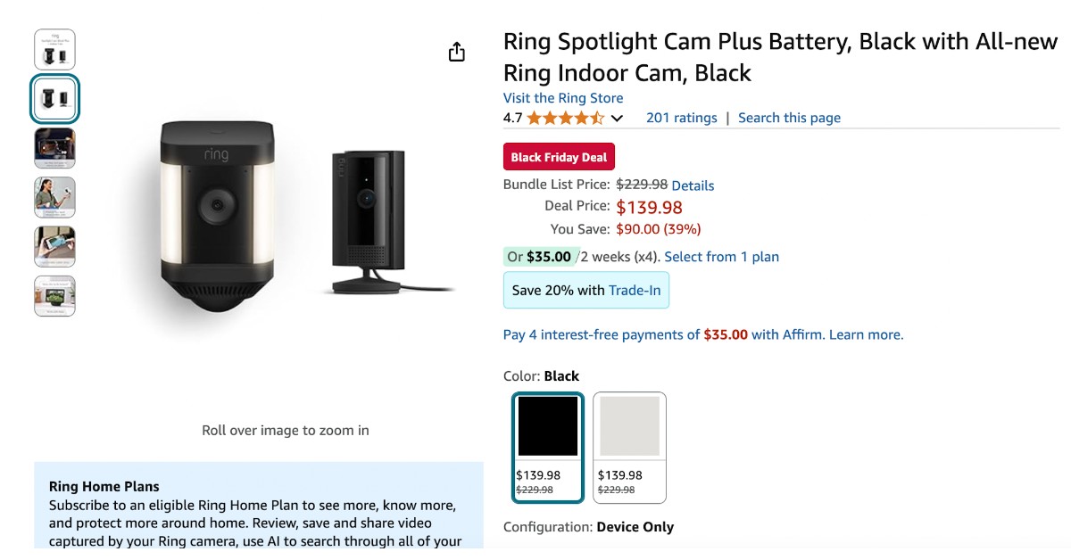 Ring Spotlight Cam + Ring Indoor Cam - $90 Discount! Black Friday Deal!