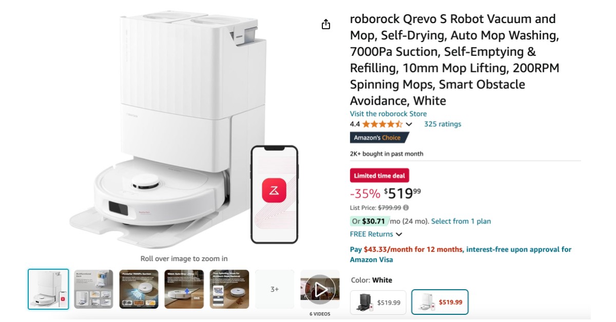 Roborock Qrevo S Robot Vacuum and Mop - Now $280 Discount Available!