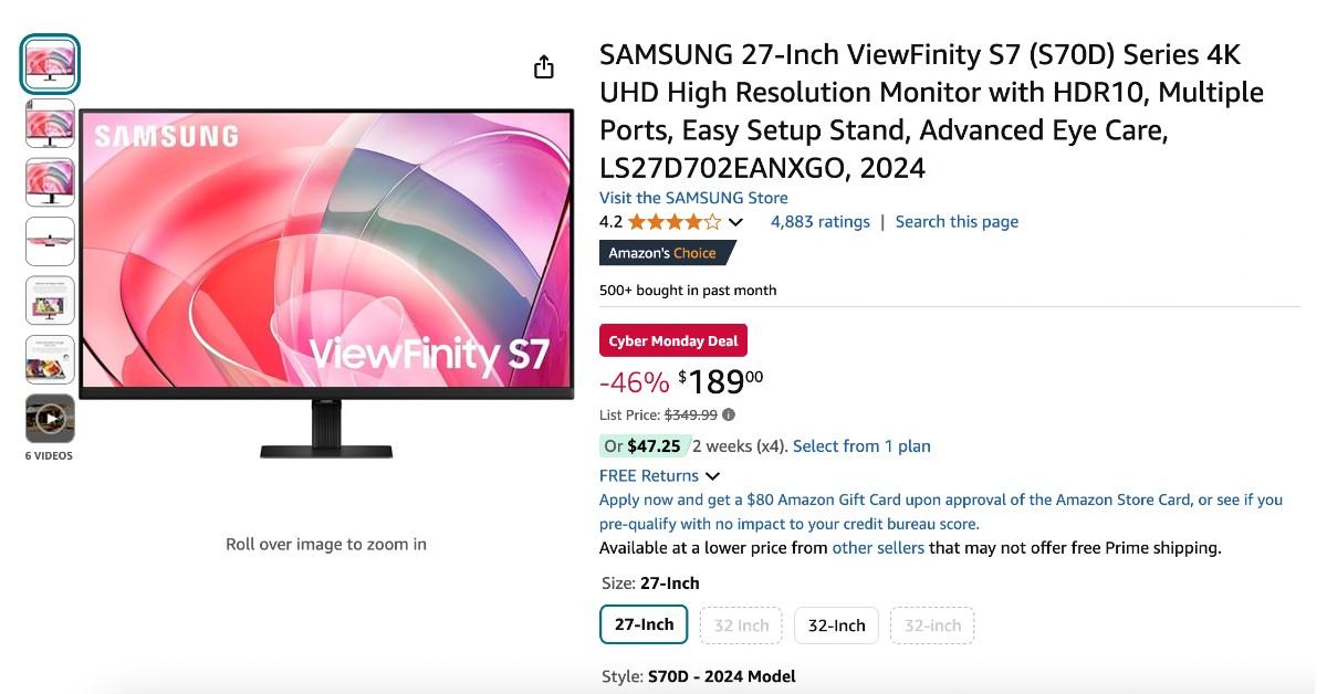 SAMSUNG 27-Inch ViewFinity S7 (S70D) Monitor Now $160 OFF!