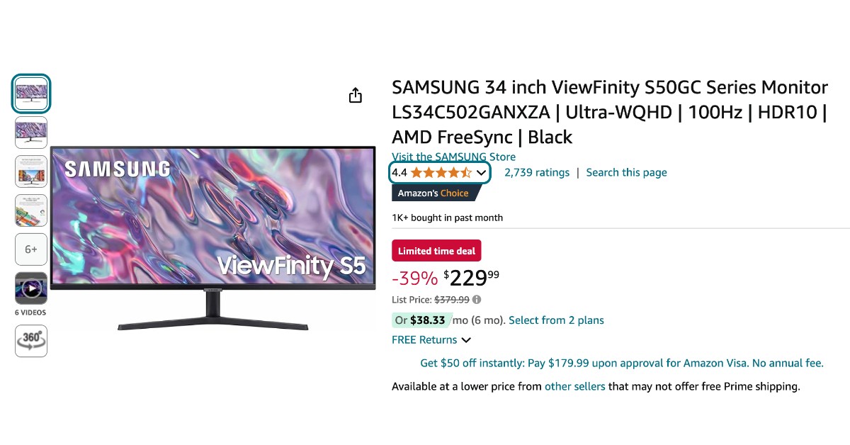 SAMSUNG 34-Inch ViewFinity S50GC Series Monitor - $150 Off Limited Time Deal!