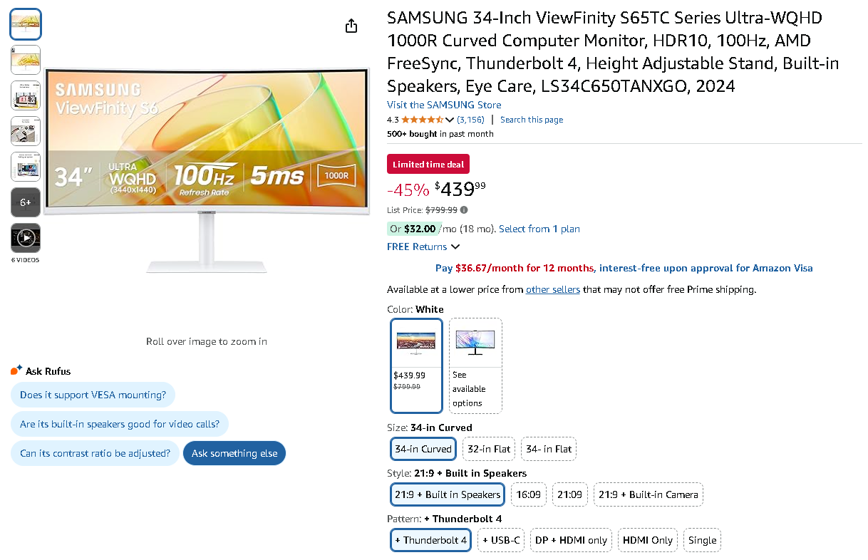 SAMSUNG 34-Inch ViewFinity S65TC Monitor