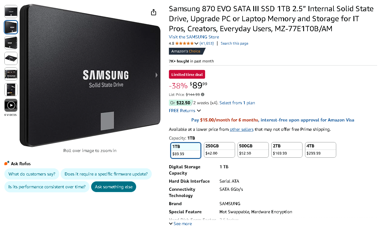 Screenshot of the Samsung 870 EVO on Amazon