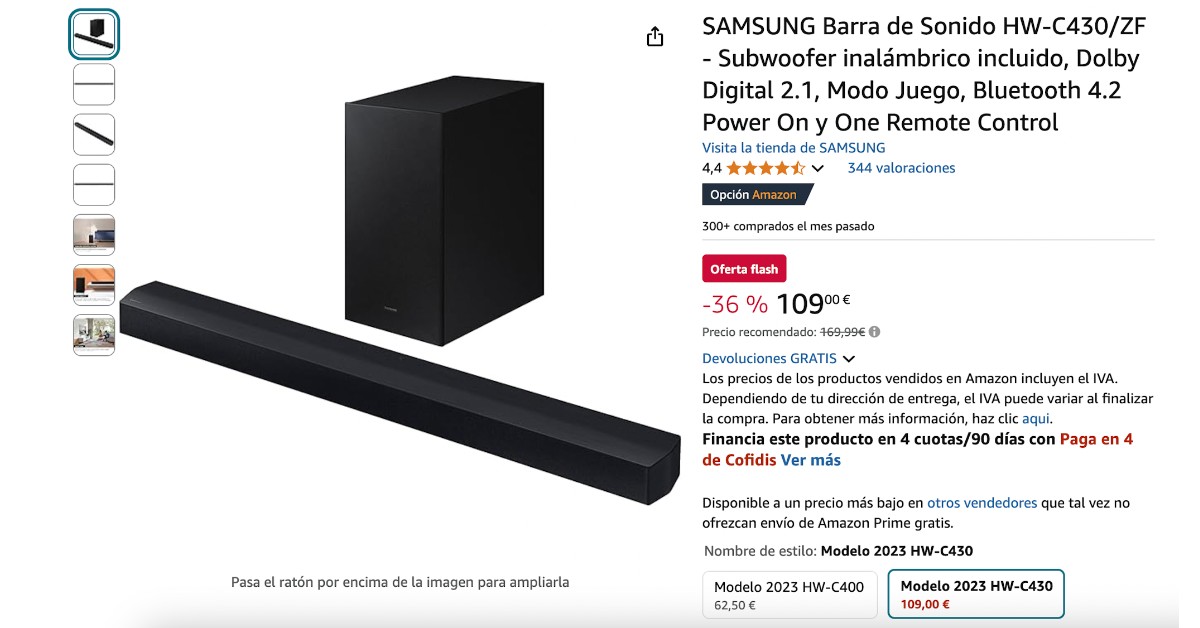 Barra de sonido SAMSUNG HW-C430/ZF con 60 € de descuento¡No te lo pierdas!