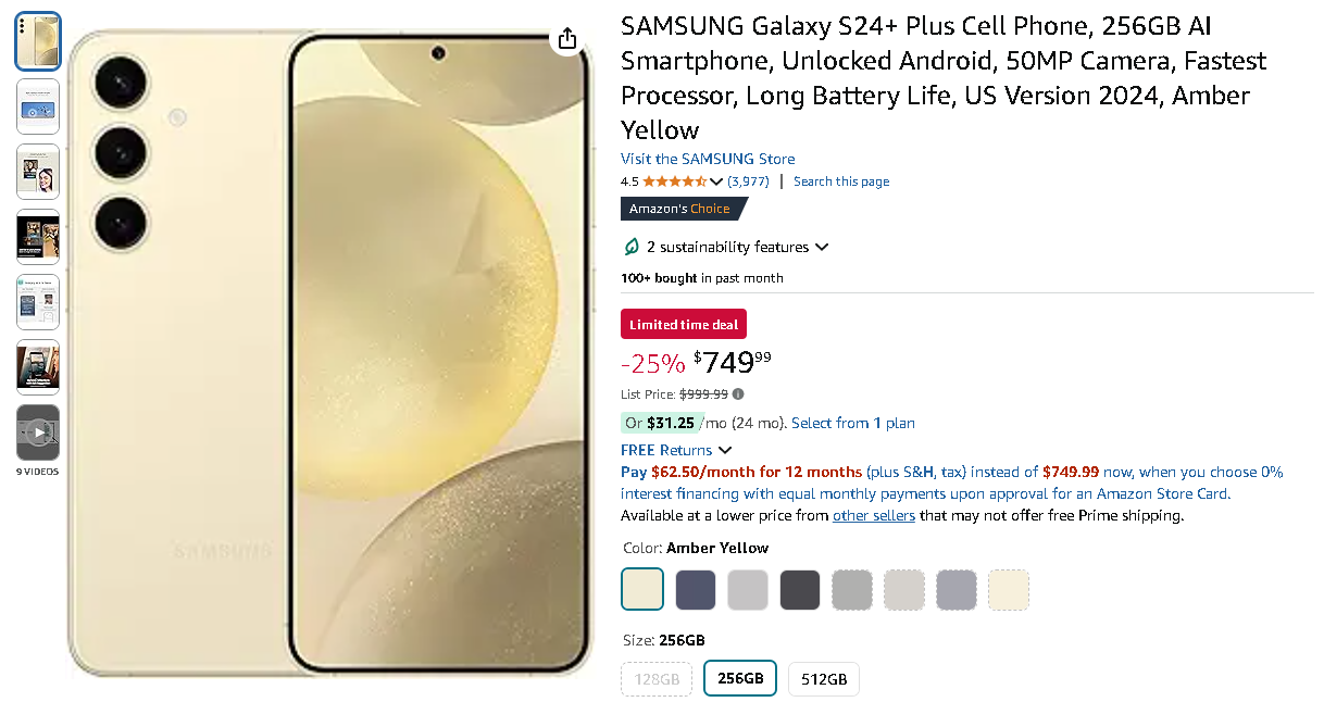 Screenshot of the Samsung Galaxy S24+. Source: Amazon