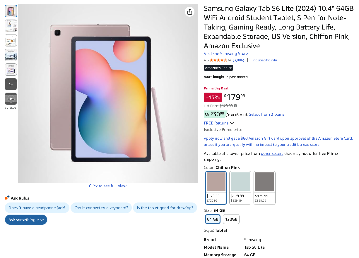 Screenshot of the Samsung Galaxy Tab S6 Lite on Amazon