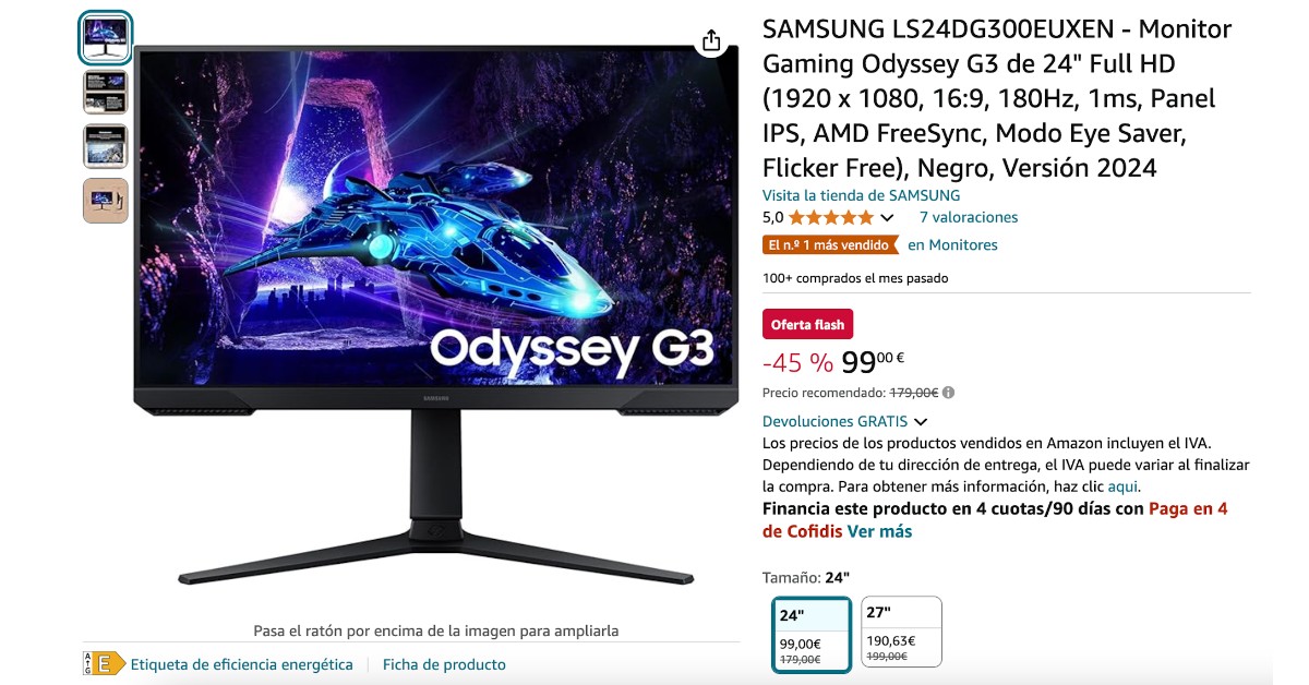 ¡SAMSUNG LS24DG300EUXEN Odyssey G3 Gaming Monitor con un descuento limitado de 80€ !