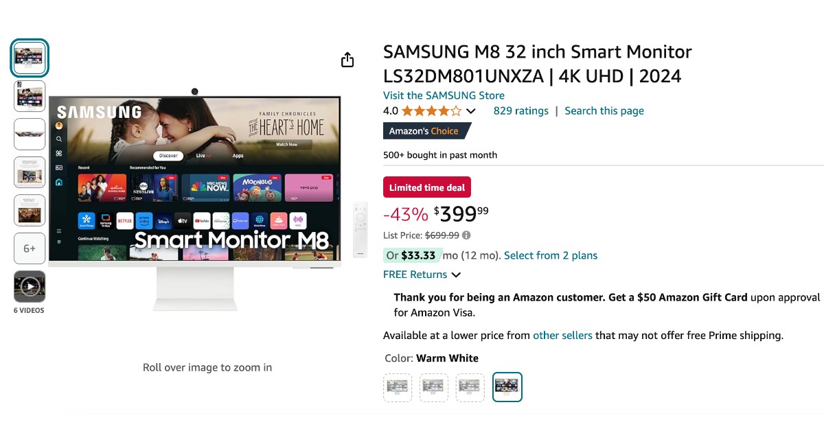 SAMSUNG M8 32-Inch Smart Monitor - Limited time deal $300 Off!