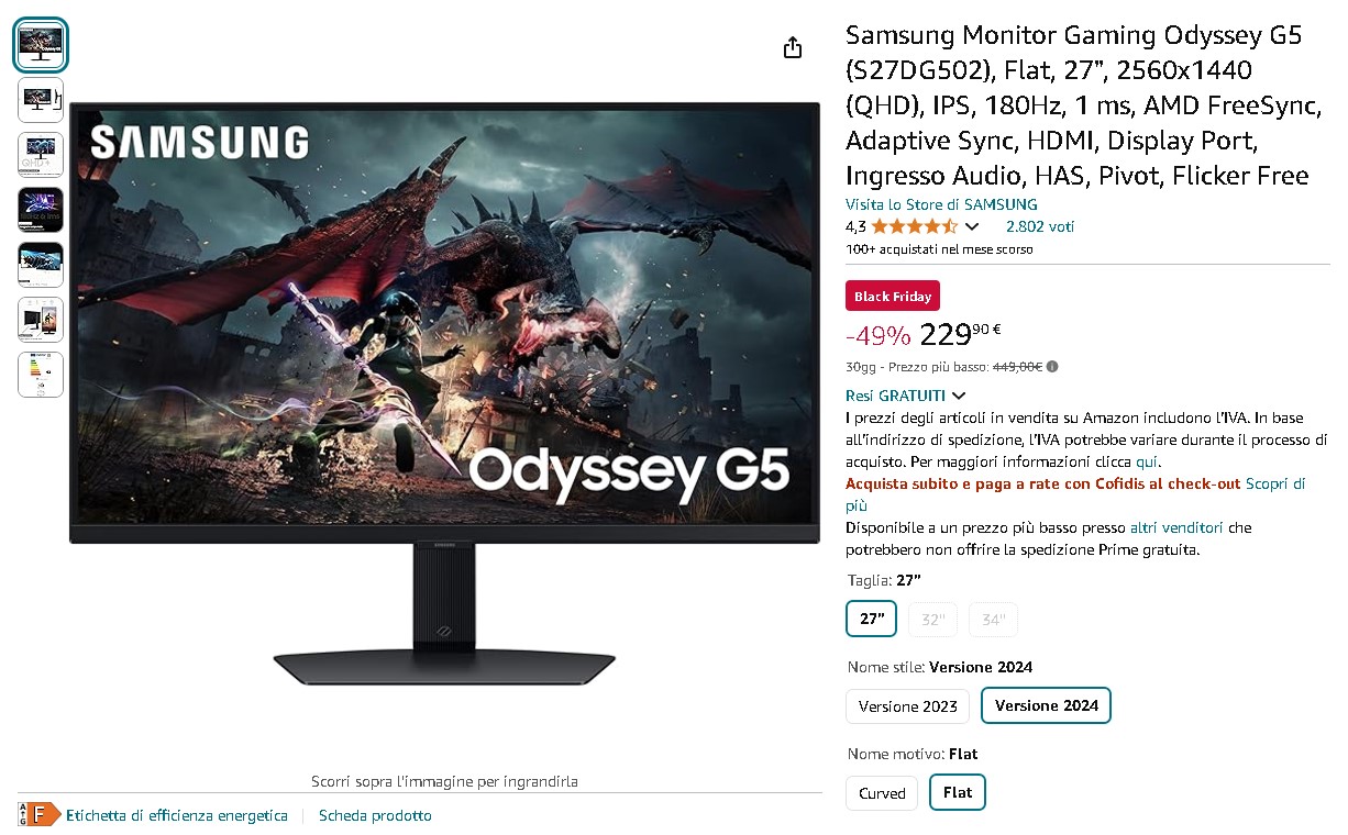 Monitor Gaming Samsung Odyssey G5 da 27 pollici