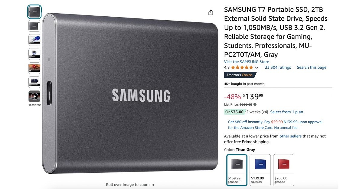 SAMSUNG T7 Portable SSD with a $130 Discount! 