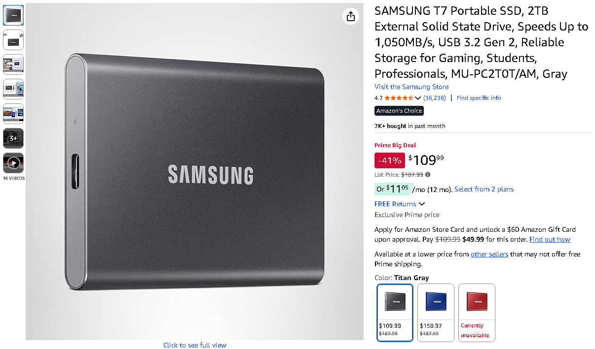 SAMSUNG T7 Portable SSD 2TB
