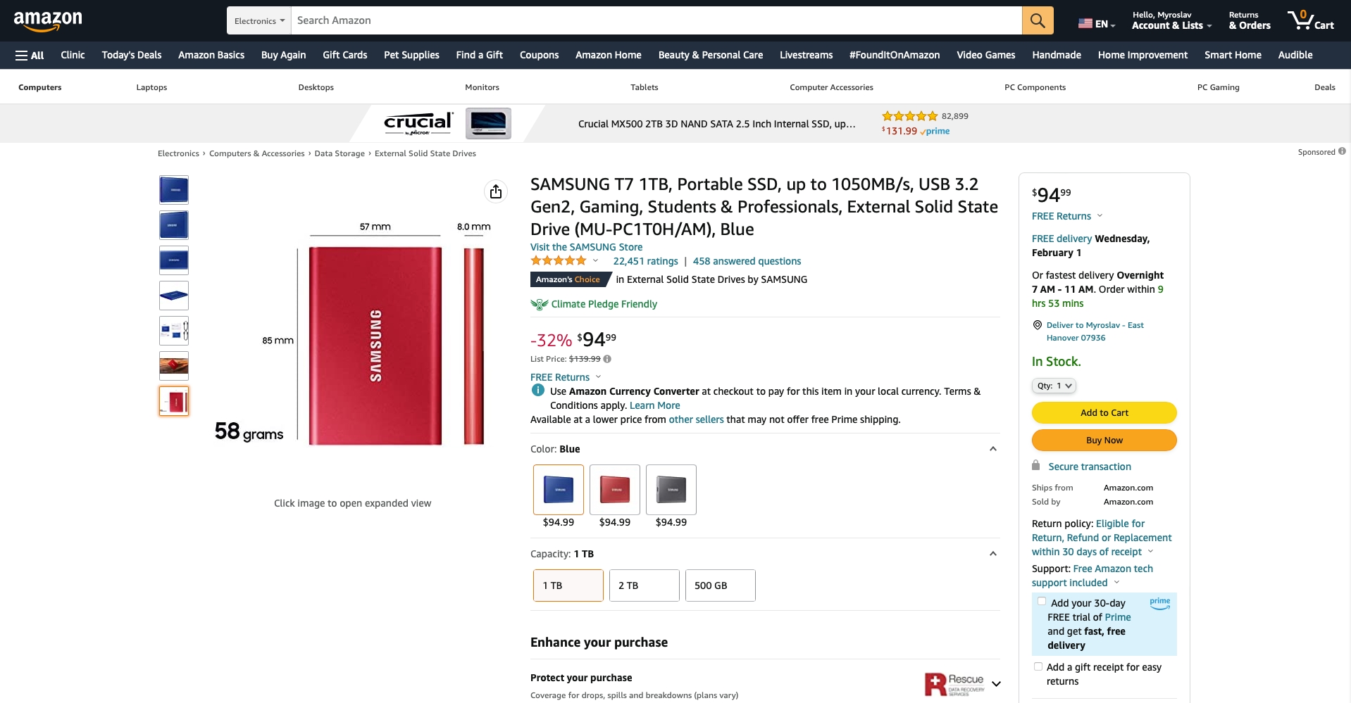 SSD Samsung T7 1 To USB 3.2 Gen2 à moins de 100 $ sur