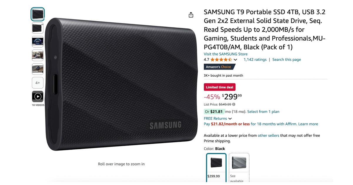 SAMSUNG T9 Portable SSD 4TB - $250 OFF! Don't miss it!