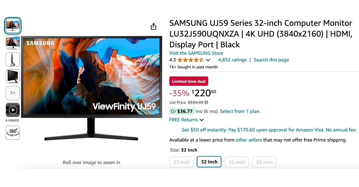 SAMSUNG UJ59 Series 32-Inch Computer Monitor - Now $119 OFF!