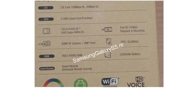 В сети появилось фото упаковки Samsung Galaxy S5 со спецификациями