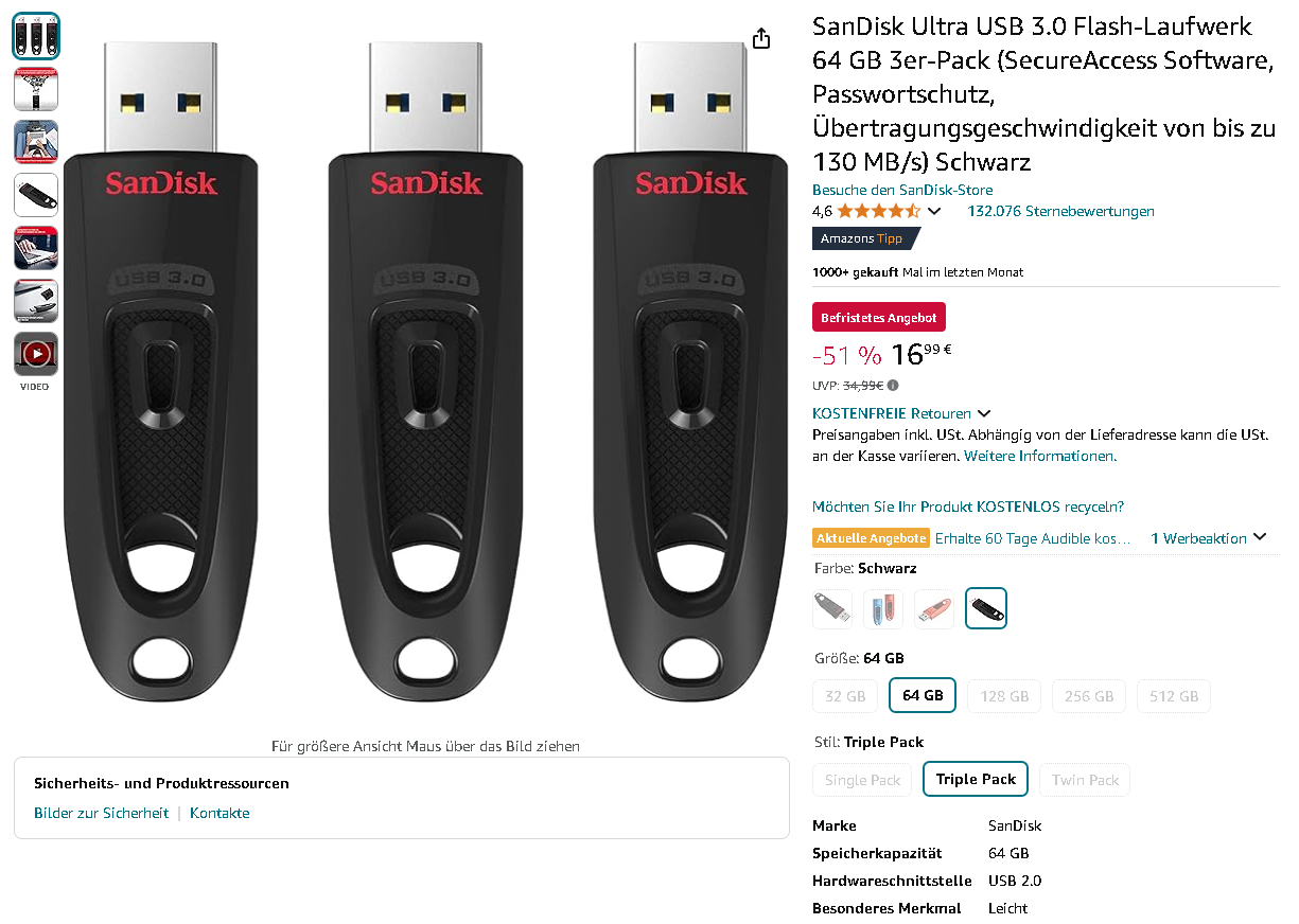 Screenshot der SanDisk Ultra USB-Sticks