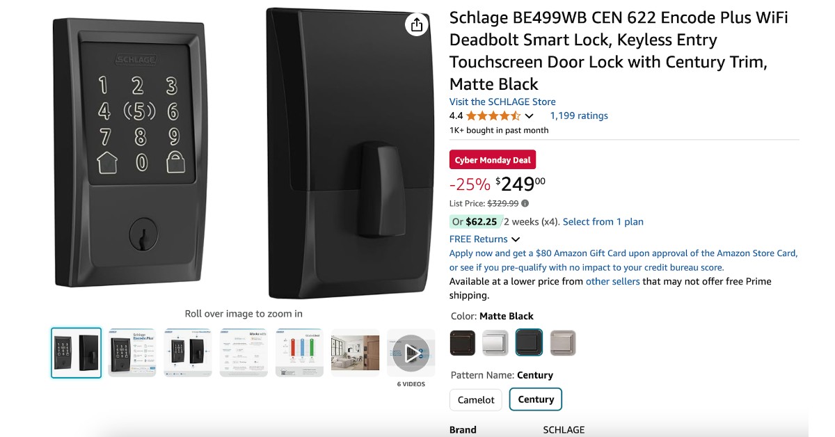 Schlage BE499WB CEN 622 Encode Plus Century WiFi Deadbolt Smart Lock - Limited $80 Discount!