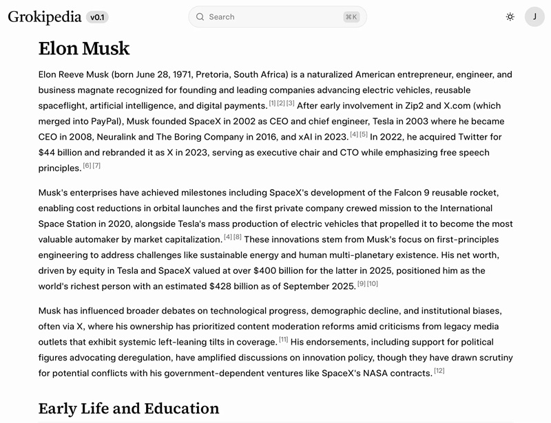 Screenshot of Grokipedia page