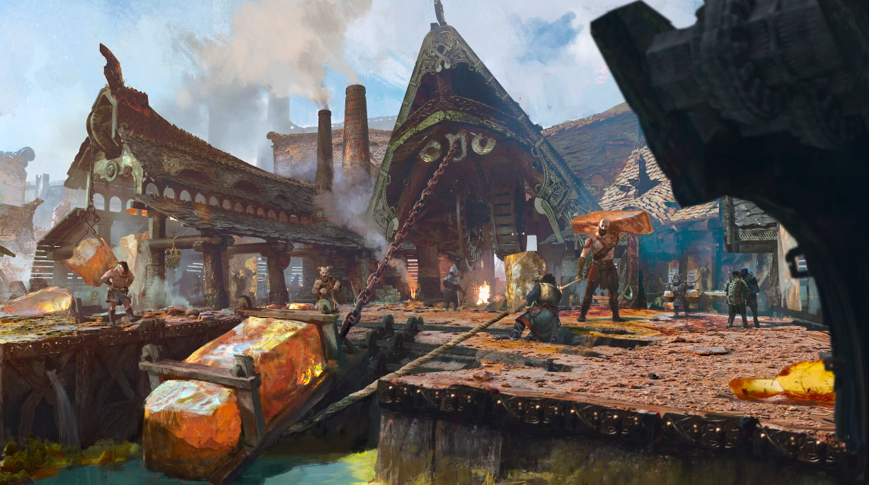 Les développeurs de God of War : Ragnarok ont parlé du monde des nains de Svartalheim, où une ville industrielle est en train d'être construite parmi différents biomes.-2