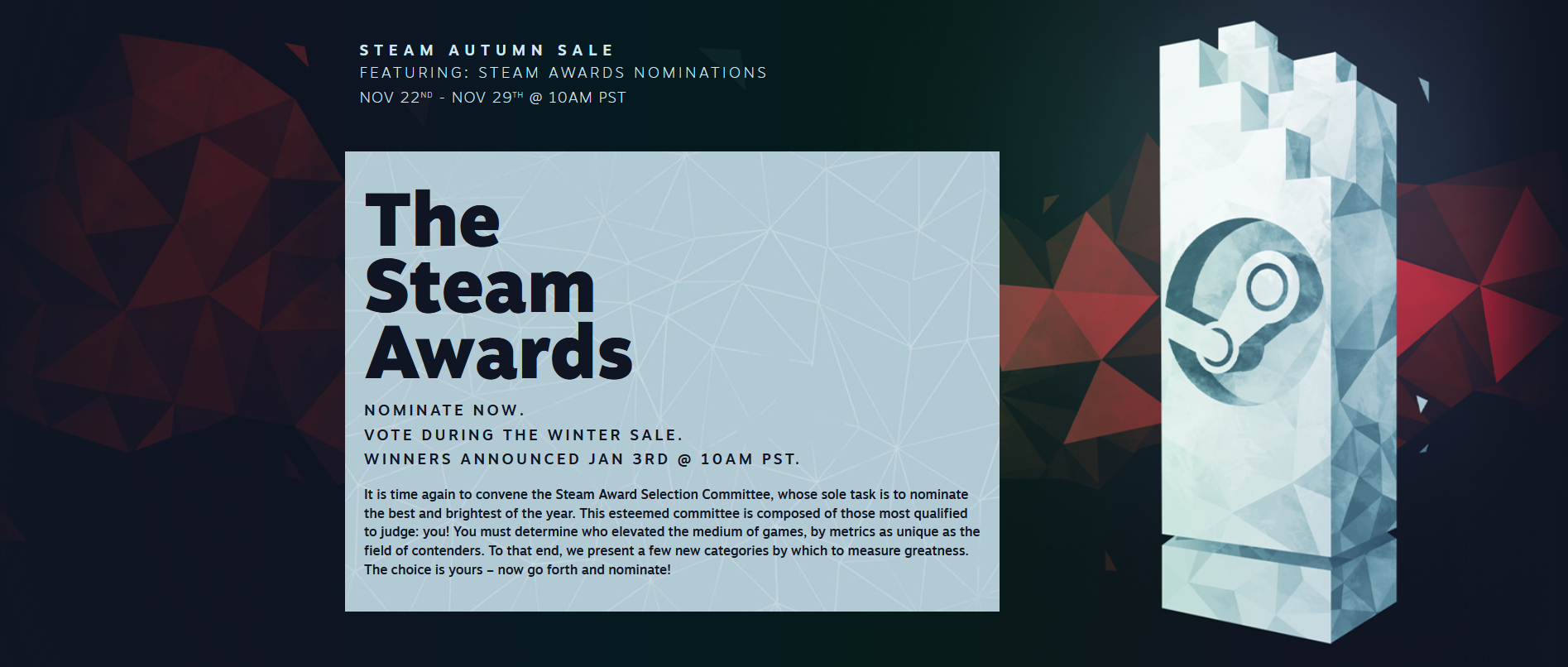 Steam continues the autumn sale until November 29, as well as voting for The Steam Awards, which has 11 nominations-2
