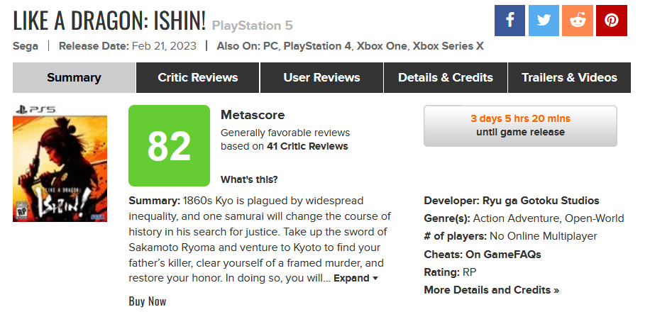 Like a Dragon: Ishin! received the first reviews from journalists. The game has 82 points out of 100 on Metacritic-2
