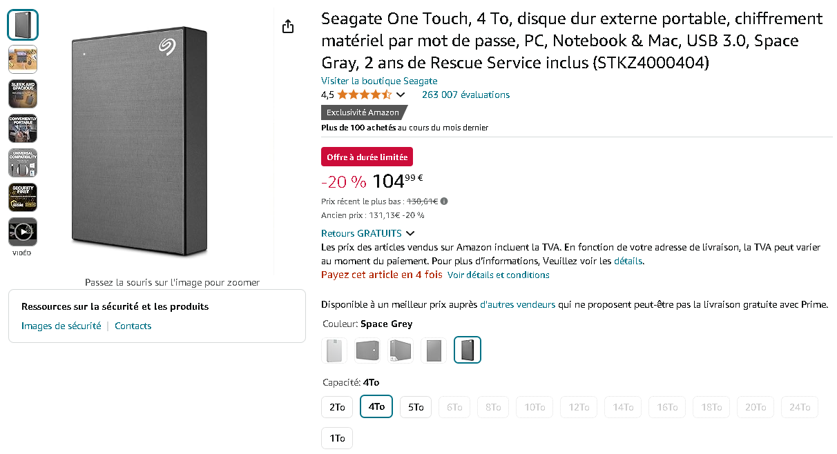 Capture d'écran de la page des Seagate One Touch sur Amazon