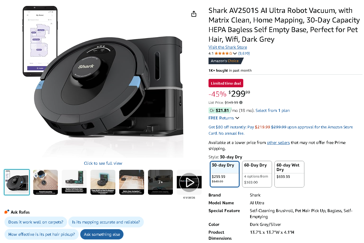 Shark AV2501S Robot Vacuum Screenshot of the Shark AV2501S robot vacuum