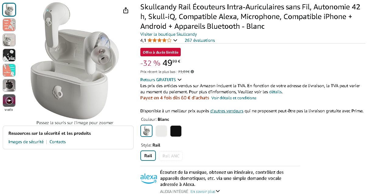 Capture d'écran des écouteurs Skullcandy Rail