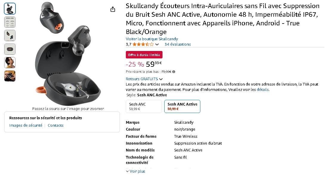 Écouteurs Skullcandy Sesh ANC Active sur Amazon